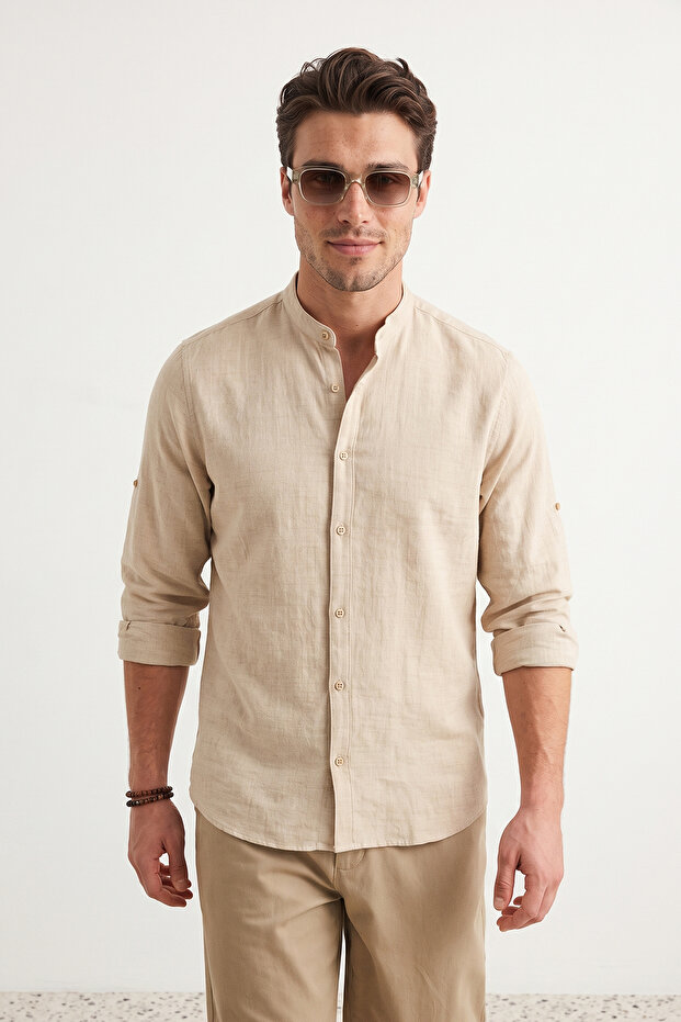 Taş Slim Fit Hakim Yaka Rahat Keten Görünümlü Gömlek TMNSS24GO00031 - 1
