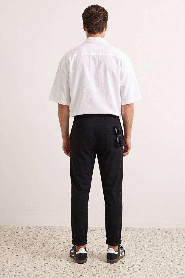 Siyah Beli Lastikli Slim Fit Duble Paça Kumaş Pantolon TMNAW21PL0107 - 4