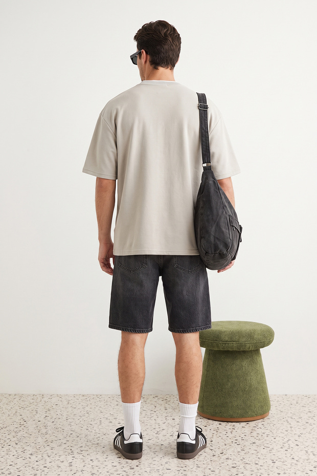 Premium Taş Oversize/Geniş Kesim Triko Bantlı Dokulu Pike T-Shirt TMNSS23TS00079 - 3