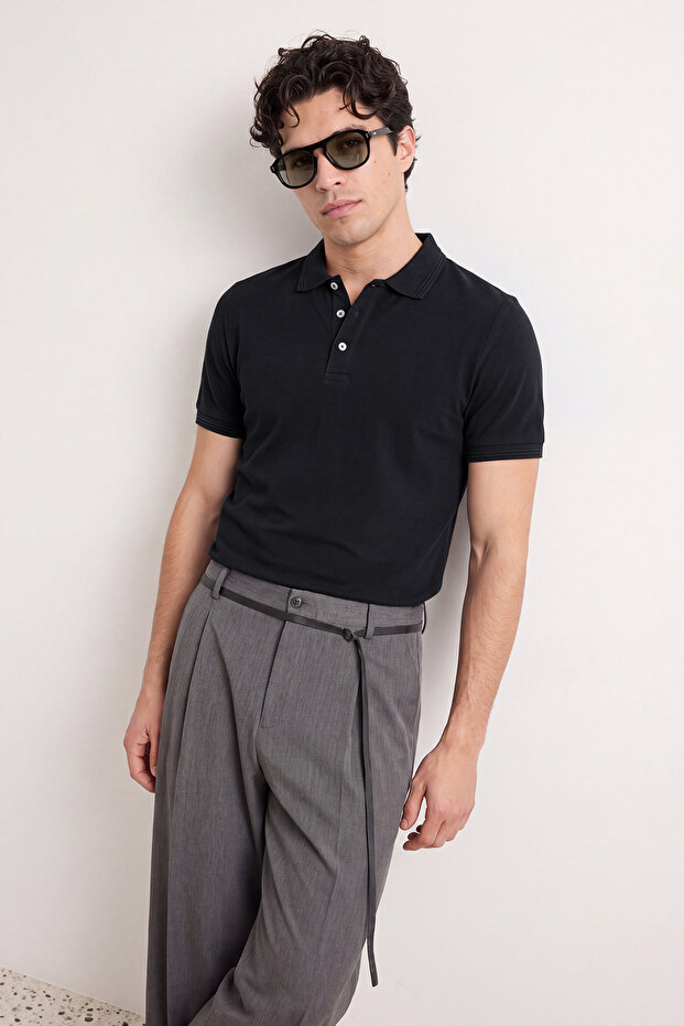 Siyah Slim/Dar Kesim Polo Yaka Kısa Kollu %100 Pamuk Polo Yaka T-shirt TMNSS20PO0009 - 1