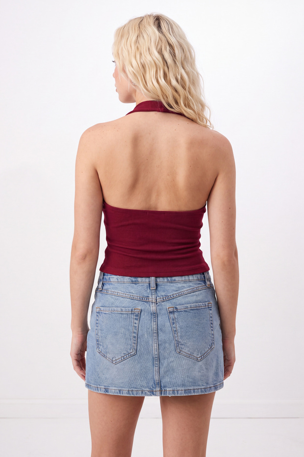 Bordo Fitted/Vücuda Oturan Boyundan Bağlamalı Kolsuz Yumuşak Örme Bluz TWOSS26BZ00625 - 4