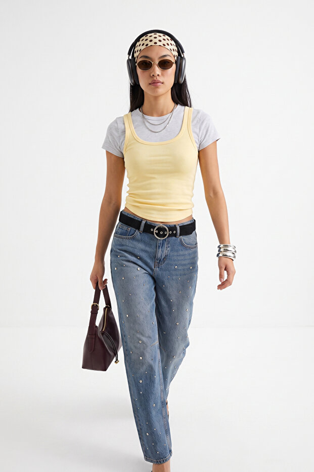 Limited Edition Mavi DÖKÜMLÜ Taş Detaylı Yüksek Bel Baggy Jeans TWOSS26JE00243 - 3