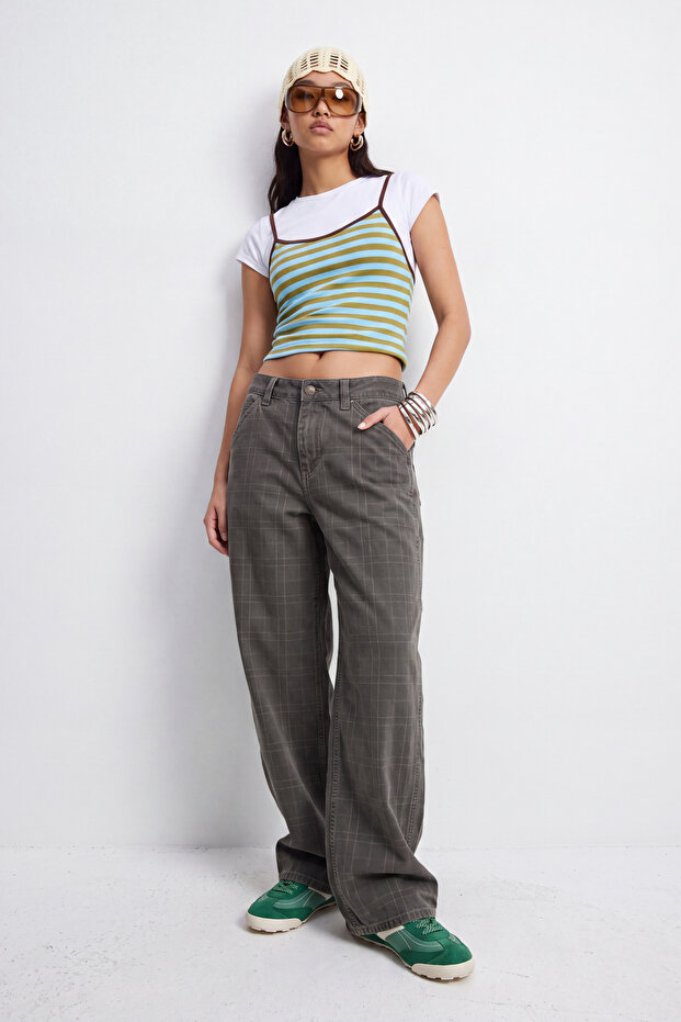 Teen Çok Renkli Ekose Desenli Yüksek Bel %100 Pamuk Baggy Jeans TWOSS26JE00052 - 3