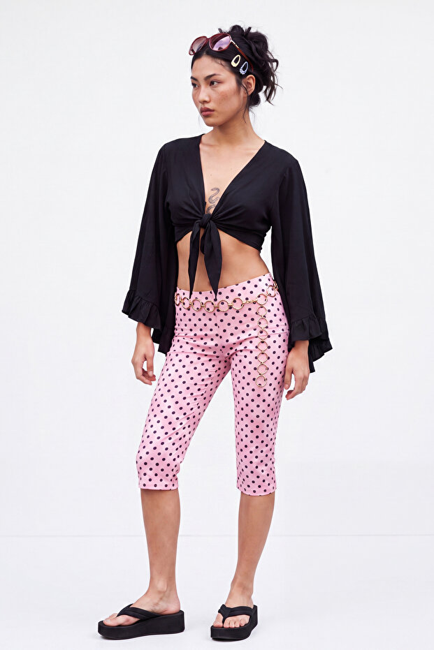 Siyah Dokuma Volanlı Plaj Crop Bluz TBESS19BB0095 - 4