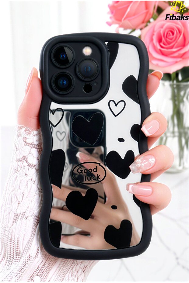 iPhone 16 Pro Case Mirrored Heart Pattern Soft Edge Silicone Cover with Camera Protection