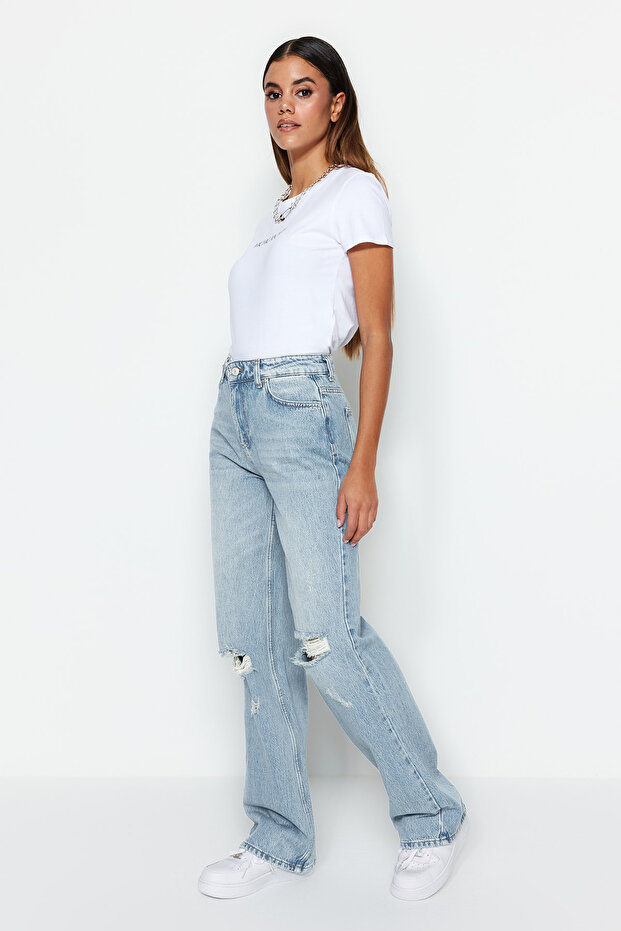 Mavi Soluk Ekfekt Vintage Yırtık Detaylı Düşük Bel Wide Leg Jeans TWOSS23JE00102 - 3