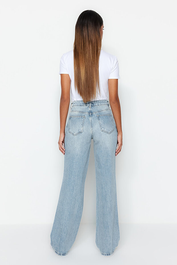 Mavi Soluk Ekfekt Vintage Yırtık Detaylı Düşük Bel Wide Leg Jeans TWOSS23JE00102 - 5