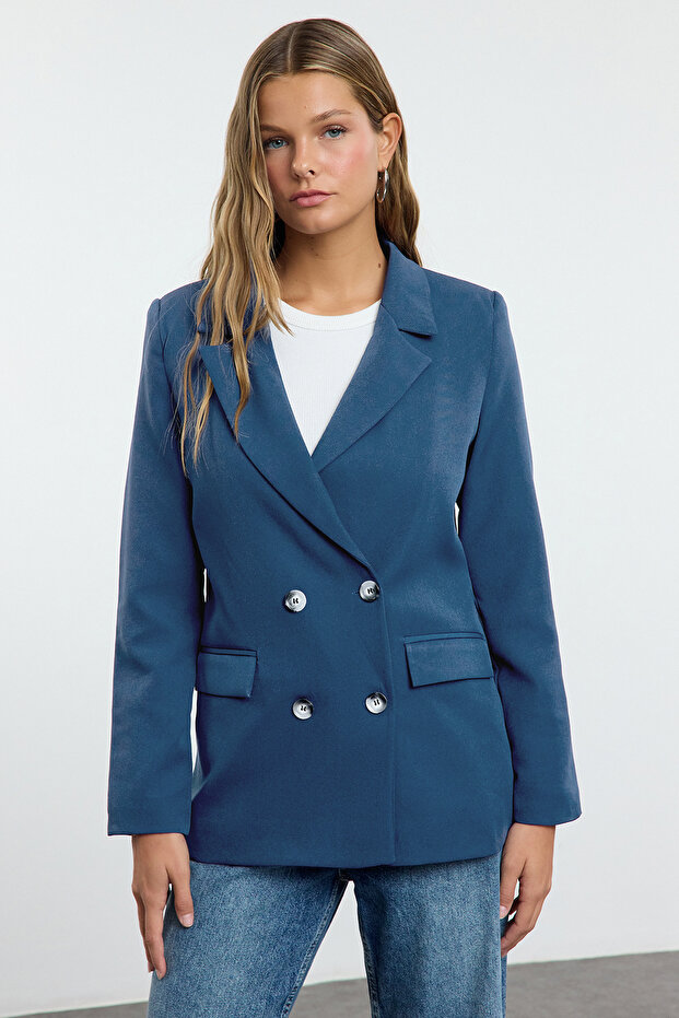 Indigo Regular Astarlı Kruvaze Kapama Dokuma Blazer Ceket TWOAW21CE0264 - 2
