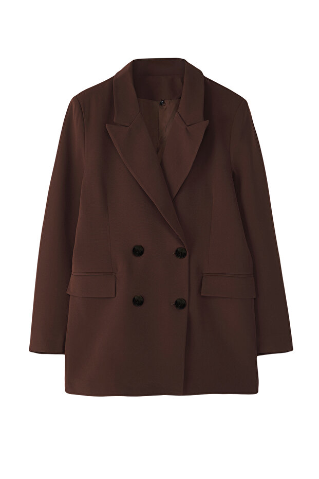 Koyu Kahverengi Astarlı Kruvaze Kapama Dokuma Blazer Ceket TWOAW21CE0145 - 8