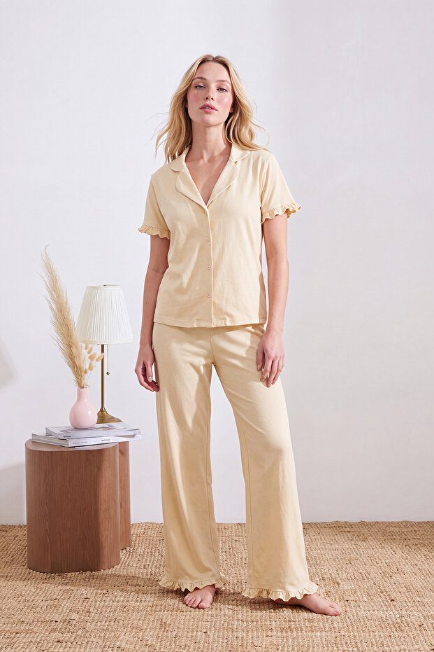 Sarı %100 Pamuklu Fırfır Detaylı Örme Pijama Takımı THMSS24PT00223 - 2