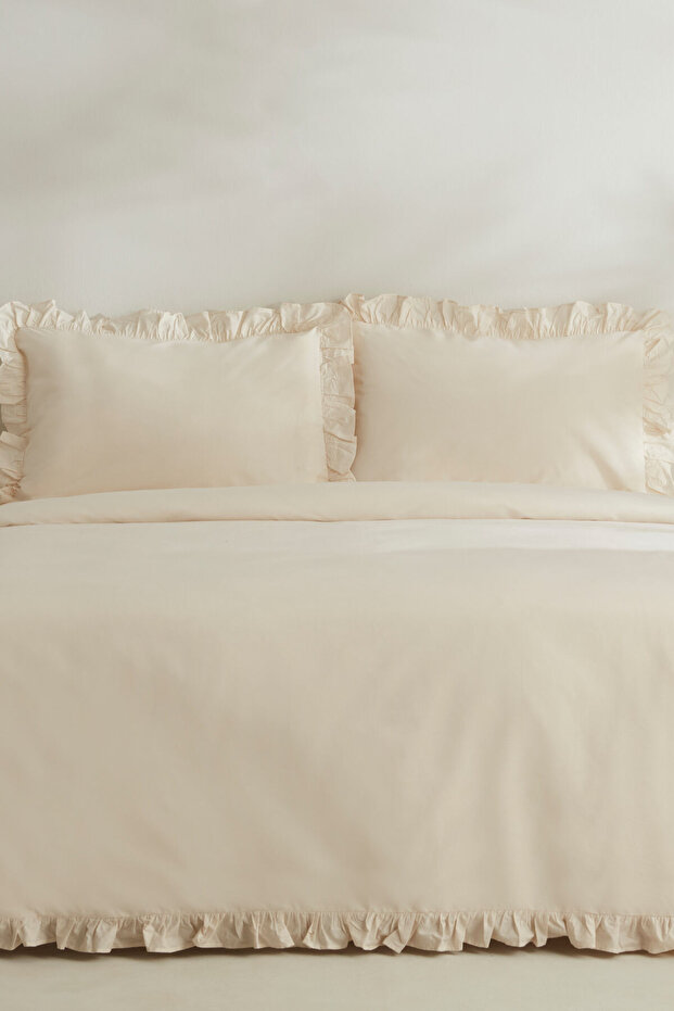 Pure Ruffle 100% Cotton Double Duvet Cover Set Light Beige