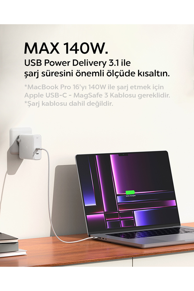 140W USB-C 2 Port Mini Hızlı Şarj Aleti Samsung PPS 3.0/Isı Düşürücü GaN Pro Akım Korumalı ACH06033 - 5
