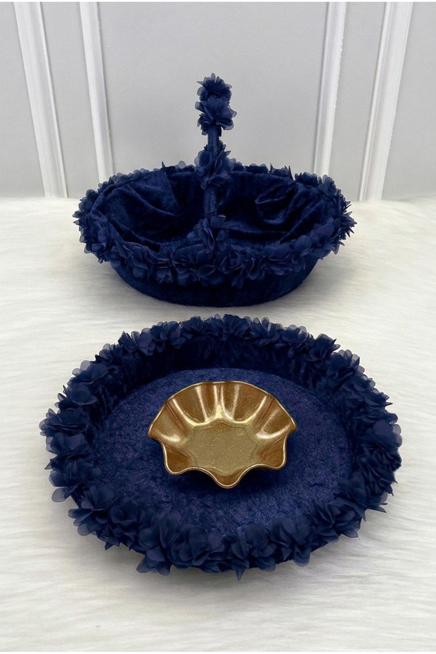 Navy Blue Bridal Henna Night Tray and Basket, Wedding, Circumcision, Engagement, Velvet Three-Dimensional Laser Flowered