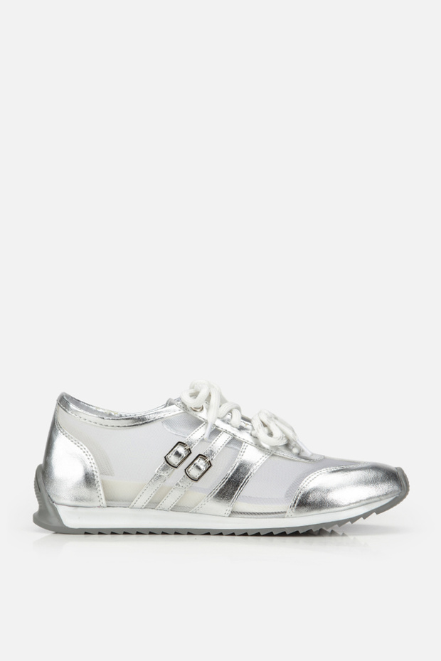 Women's Silver Metallic Tulle Detailed Lace-Up Sneakers