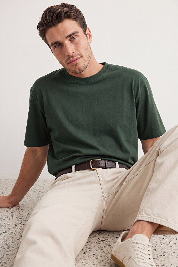 Unisex Koyu Kahverengi-Koyu Yeşil Oversize 2'li Paket Basic %100 Pamuklu T-Shirt TMNSS24TS00038 - 6