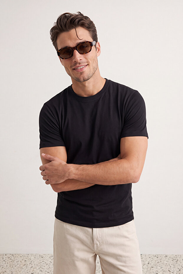 Unisex Siyah 3'lü Paket Siyah Slim/Dar Kesim Bisiklet Yaka Basic %100 Pamuklu T-Shirt TMNSS19BO0007 - 4