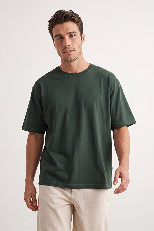 Unisex Koyu Kahverengi-Koyu Yeşil Oversize 2'li Paket Basic %100 Pamuklu T-Shirt TMNSS24TS00038 - 5