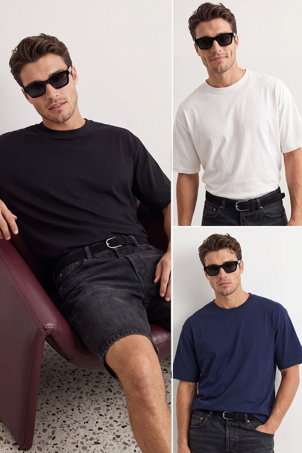 Unisex Siyah-Beyaz-Lacivert Oversize/Geniş Kesim 3'lü Paket %100 Pamuk T-Shirt TMNSS24TS00026 - 1
