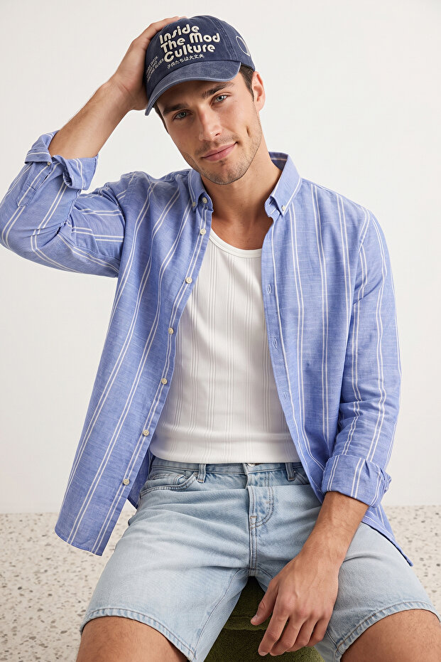 Mavi Slim Fit Düğmeli Yaka İnce Çizgili Gömlek TMNSS20GO0092 - 1