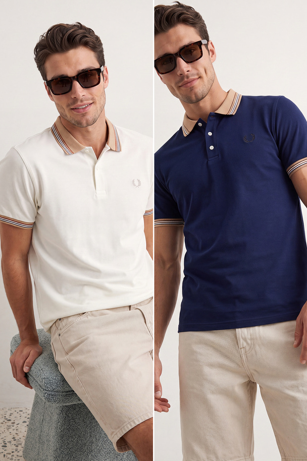 Lacivert-Beyaz 2'li Paket Slim/Dar Kesim Geyik Nakışlı %100 Pamuklu Polo Yaka T-Shirt TMNSS24PO00031 - 1
