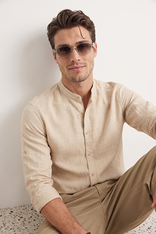 Taş Slim Fit Hakim Yaka Rahat Keten Görünümlü Gömlek TMNSS24GO00031 - 3