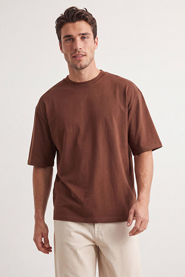 Kahverengi-Taş Oversize 2'li Paket Basic %100 Pamuklu T-Shirt TMNSS24TS00038 - 6