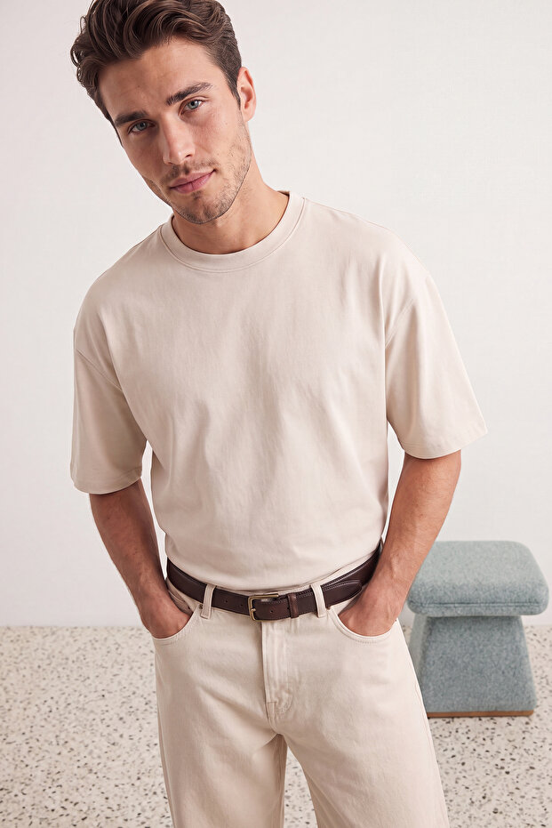 Kahverengi-Taş Oversize 2'li Paket Basic %100 Pamuklu T-Shirt TMNSS24TS00038 - 3