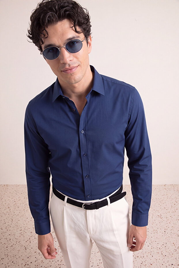 Lacivert Slim Fit Kolay Ütülenebilir Smart Erkek Gömlek TMNAW24GO00096 - 1