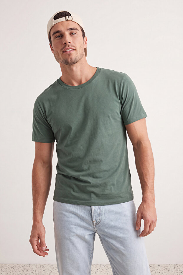 Unisex Siyah-Taş-Koyu Yeşil Slim/Dar Bisiklet Yaka Basic %100 Pamuk 3'lü Paket T-Shirt TMNSS19BO0007 - 5
