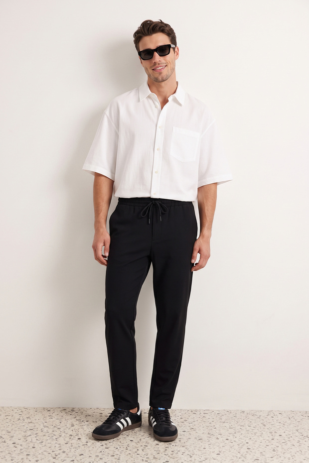Siyah Beli Lastikli Slim Fit Duble Paça Kumaş Pantolon TMNAW21PL0107 - 1