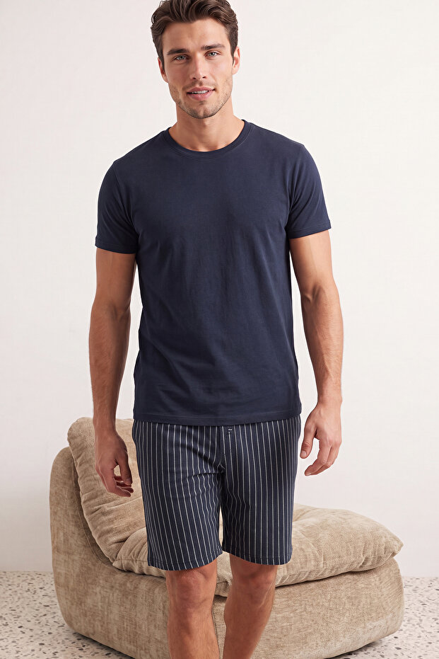 Lacivert Regular Fit Alt Çizgili Şortlu Pijama Takımı TMNSS22EM0013 - 2