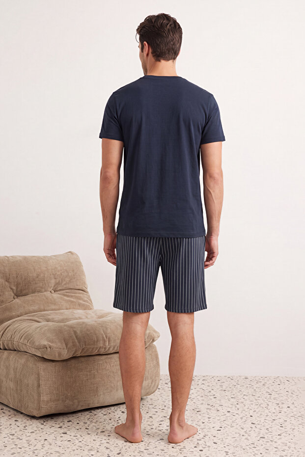 Lacivert Regular Fit Alt Çizgili Şortlu Pijama Takımı TMNSS22EM0013 - 4