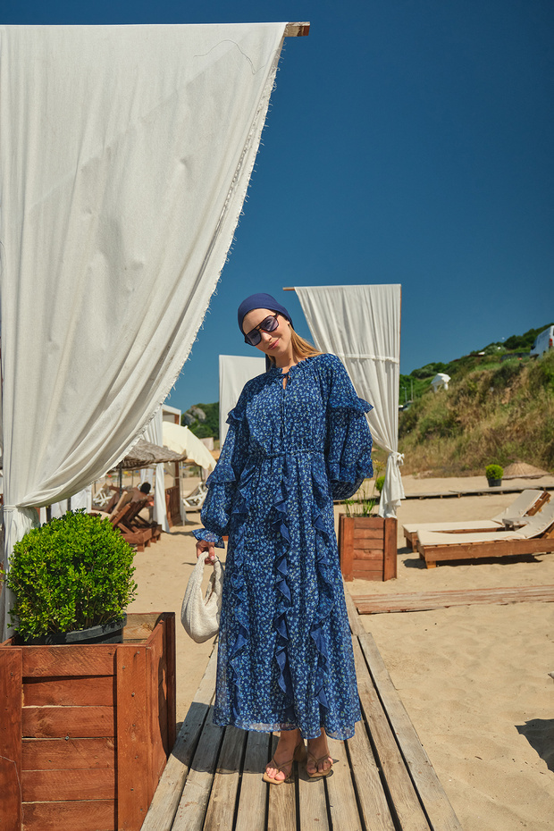 Women's Floral Pattern Shiny Striped Dress Navy Blue