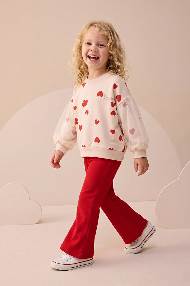 Girl's Top and Bottom Set with Spanish Flare and Heart Print, Tulle Detail