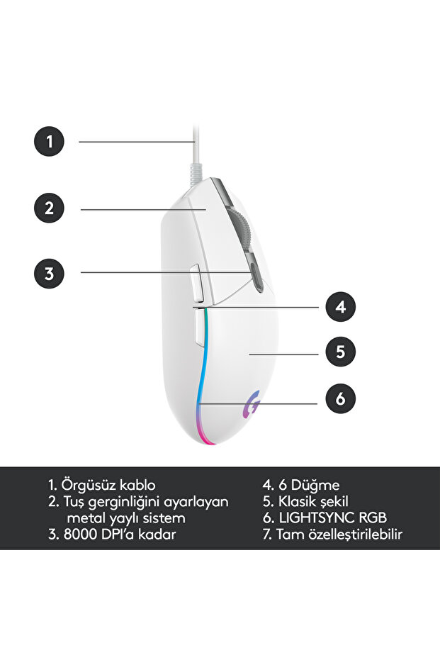 G G102 LIGHTSYNC RGB Aydınlatmalı 8.000 DPI Kablolu Oyuncu Mouse, Beyaz 910-005824 - 8