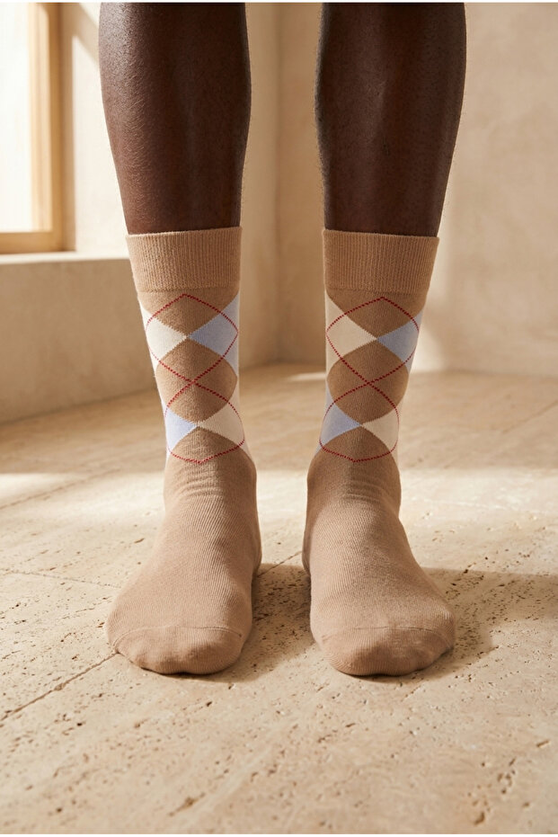 Men's plaid patterned socks beige - 2