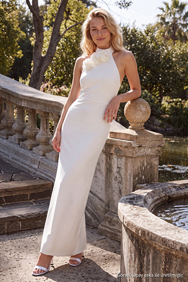 Bridal Beyaz Gül Detaylı Dokuma Şık Abiye Gece Mezuniyet Elbisesi TPRSS24AE00011 - 1