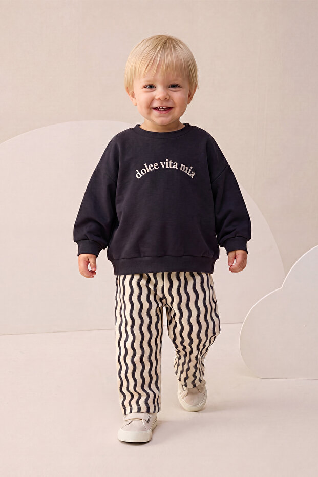 Baby Boy Top and Bottom Set with Wavy Stripes and Embroidery Detail