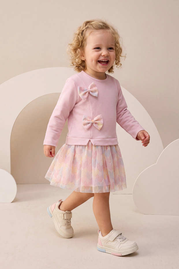 Girl's Dress with Tulle, Heart Pattern and Bow Detail