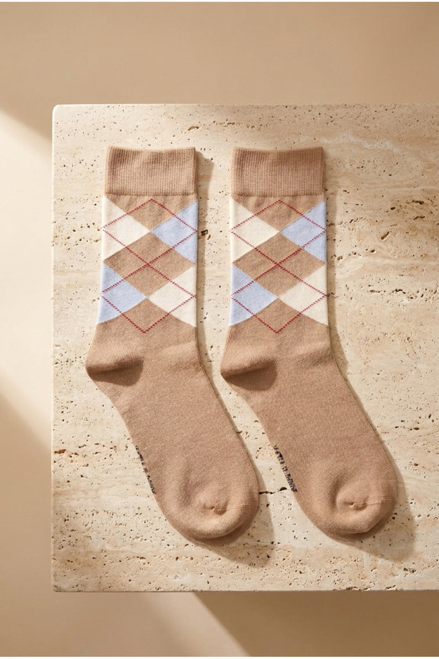 Men's plaid patterned socks beige - 3
