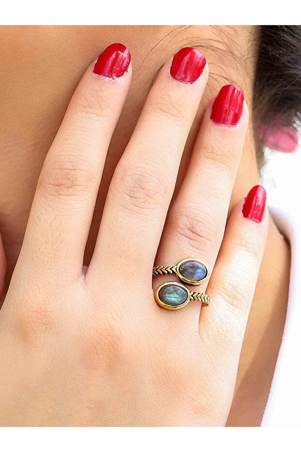 Natural Stone Labradorite Antique Model with Double Natural Stone Women's Adjustable Ring Euy75Lbt