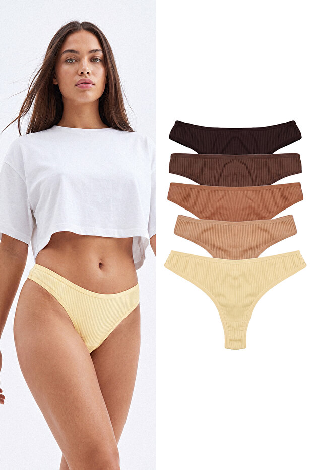Kahverengi-Çok Renkli 5'li Paket Fitilli Tanga Örme Külot THMSS24KU00045 - 1
