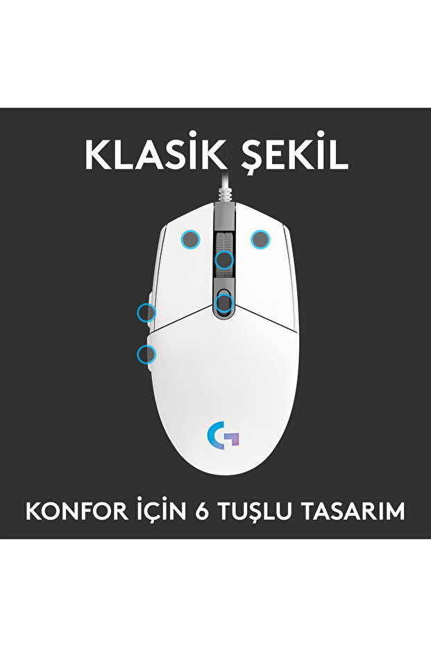G G102 LIGHTSYNC RGB Aydınlatmalı 8.000 DPI Kablolu Oyuncu Mouse, Beyaz 910-005824 - 6