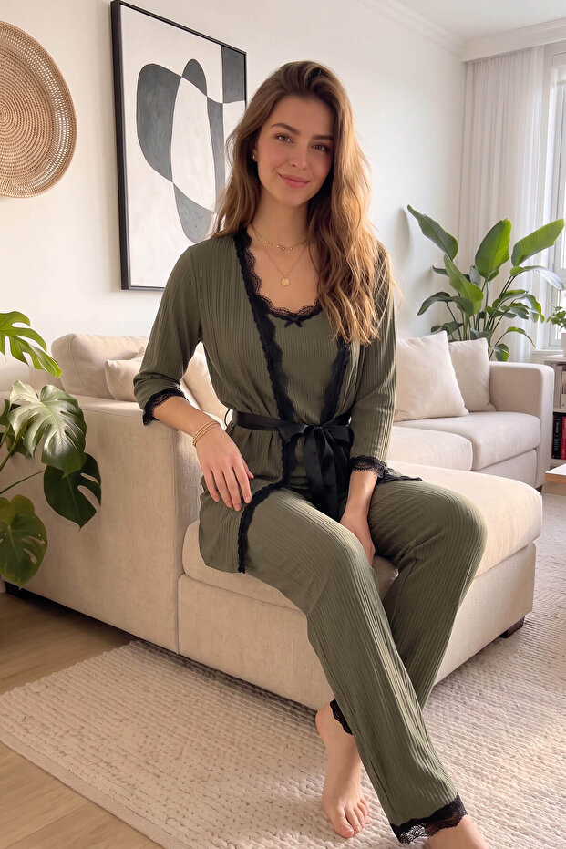 Khaki Patterned Pegasus Pajama Set with Robe - 5