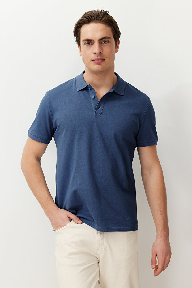 Indigo Regular/Normal Kesim Dokulu Polo Yaka T-Shirt TMNSS24PO00043 - 2