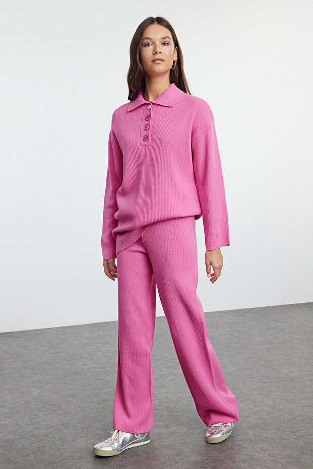 Pembe Polo Yaka Ftilli Triko Alt-Üst Takım TCTAW25US00044 - 4