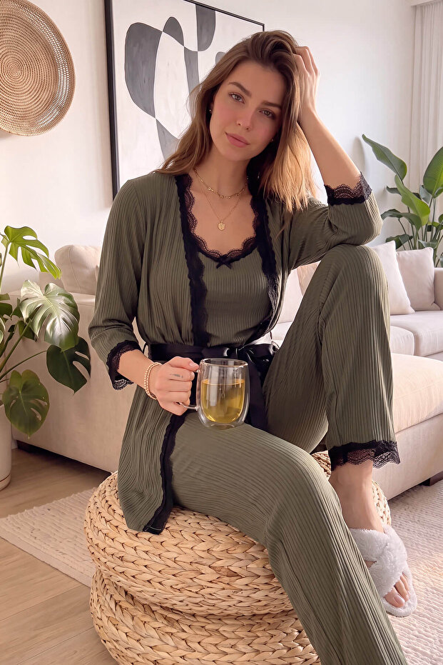 Khaki Patterned Pegasus Pajama Set with Robe - 2