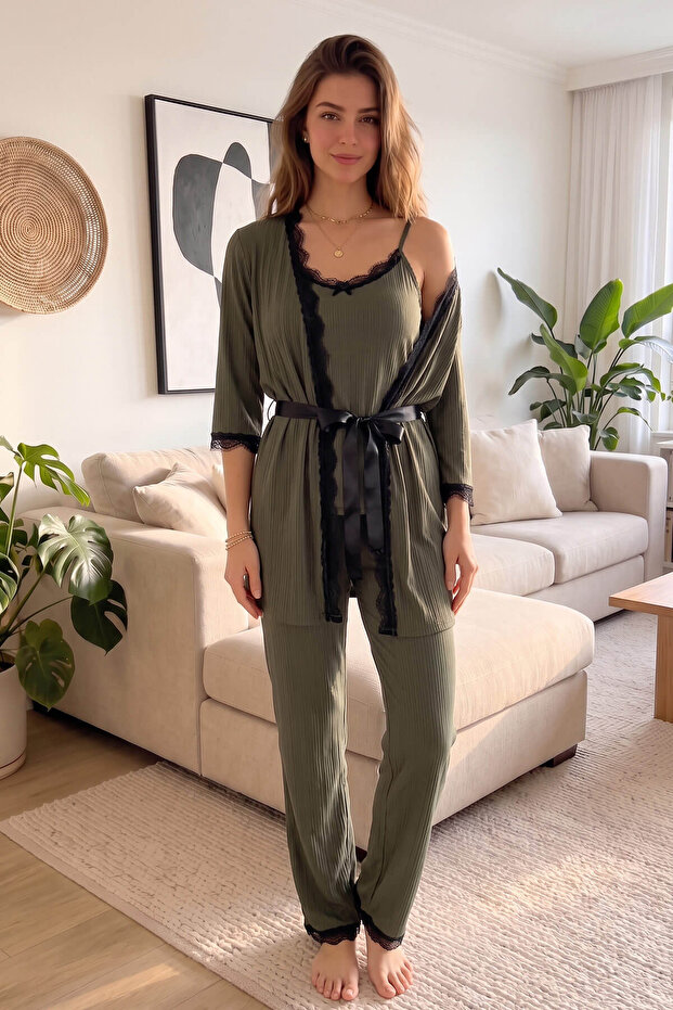 Khaki Patterned Pegasus Pajama Set with Robe - 6