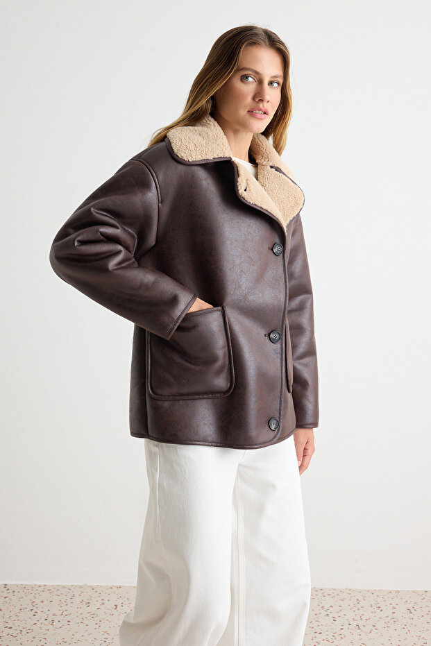 Dark Brown Oversize Plush Detailed Coat Twoaw27Aw00005