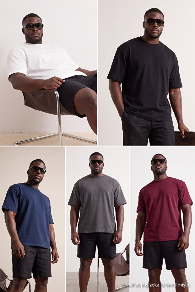Büyük Beden Siyah-Beyaz-Antrasit-Bordo -Lacivert 5'li Paket Slim %100 Pamuklu T-Shirt TMNSS25BF00011 - 1